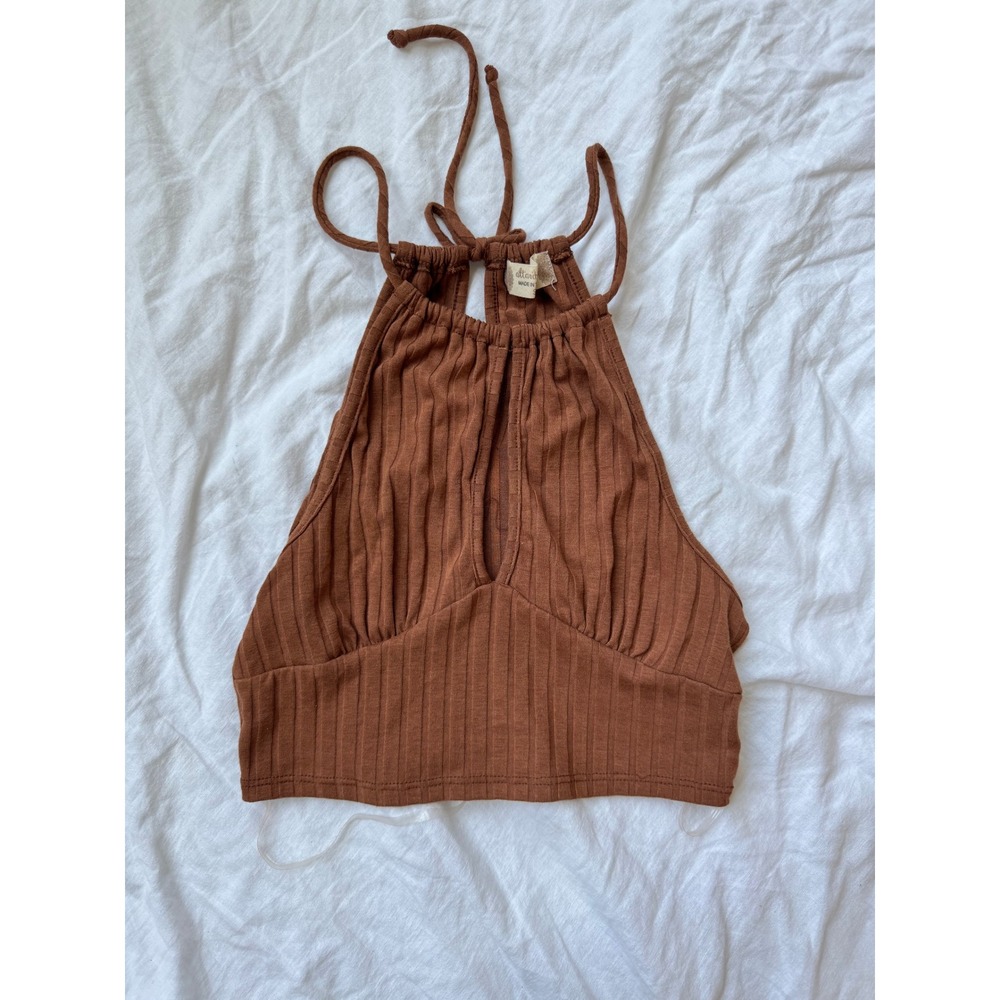 Altar'd State Brown Ribbed Halter Crop Top Keyhole Women's Size Small